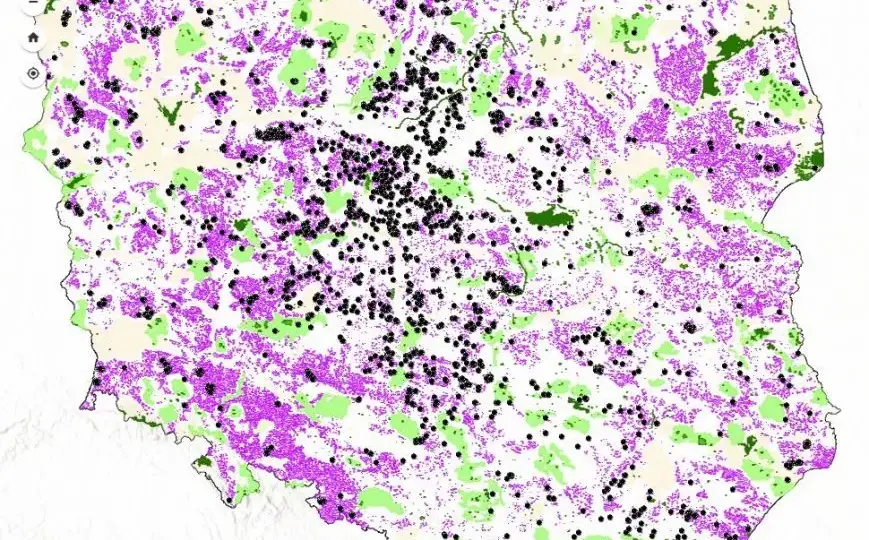  Mapa lokalizacji farm i elektrowni wiatrowych w Polsce 2023